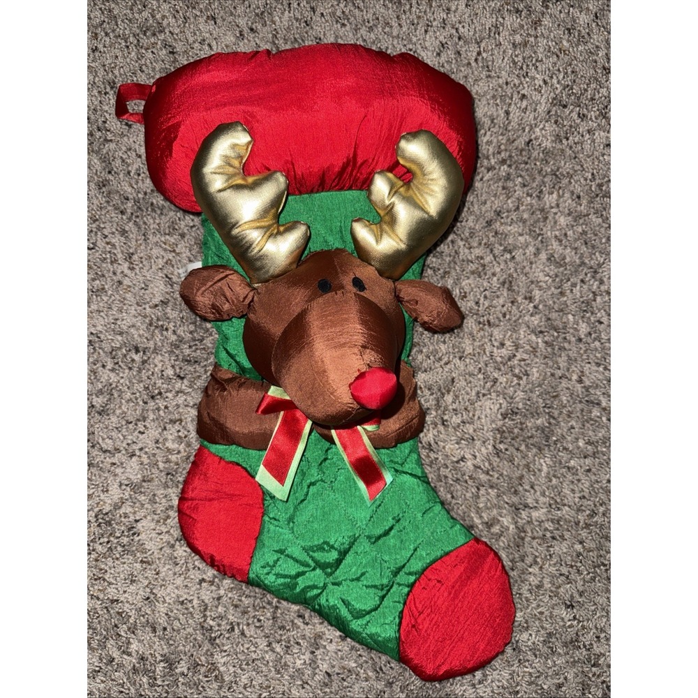 Vintage Green Red and Gold Nylon Red Nose Reindeer Christmas Stocking 17 in